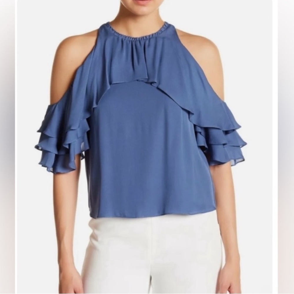 Alice + Olivia idalla Silk Blue Ruffle Cold Shoulder Top